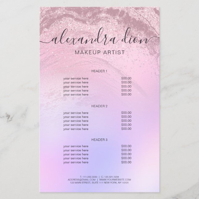 Elegant rose gold glitter marble makeup artist flyer (Front)