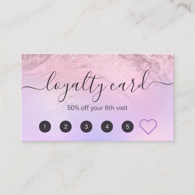Elegant rose gold glitter marble makeup artist loyalty card (Front)