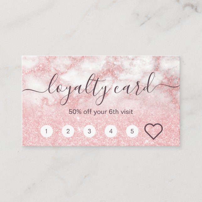 Elegant rose gold glitter marble makeup artist loyalty card (Front)