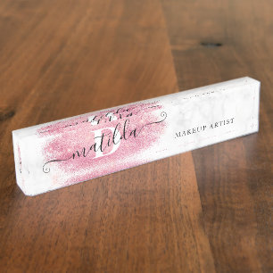 Elegant rose gold glitter marble makeup artist nameplate