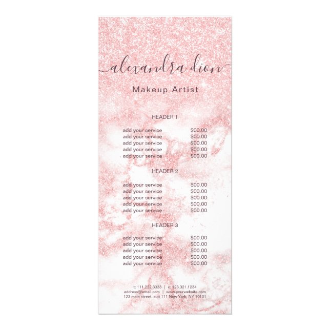 Elegant rose gold glitter marble makeup artist rack card (Front)