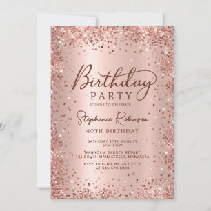 Elegant Rose Gold Glitter Metal 40th Birthday Invitation