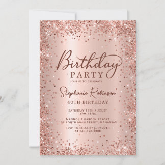 Elegant Rose Gold Glitter Metal 40th Birthday  Invitation