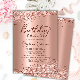Elegant Rose Gold Glitter Metal Foil 70th Birthday Invitation