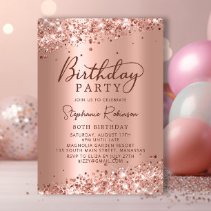 Elegant Rose Gold Glitter Metal Foil 80th Birthday Invitation