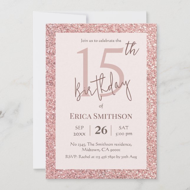 Elegant Rose Gold Glitter modern 15th Birthday Invitation (Front)