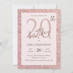 Elegant Rose Gold Glitter modern 20th Birthday Invitation