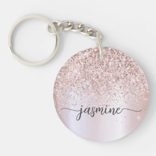 Elegant Rose Gold Glitter Monogram Name Script     Key Ring