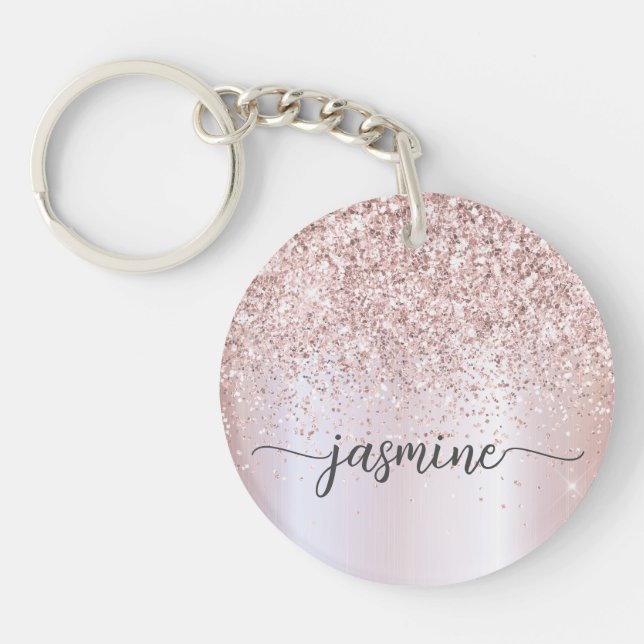 Elegant Rose Gold Glitter Monogram Name Script     Key Ring (Front)