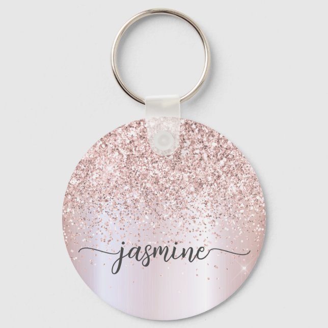Elegant Rose Gold Glitter Monogram Name Script Key Ring (Front)