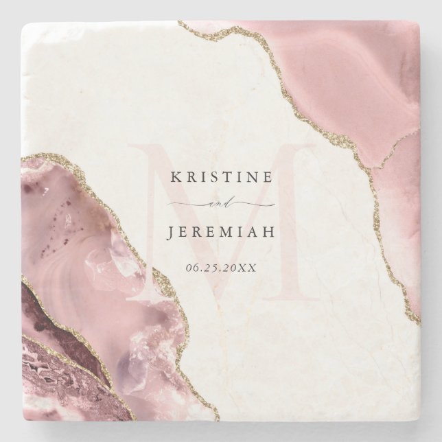 Elegant Rose Gold Glitter Monogram Newlywed Stone  Coaster (Front)