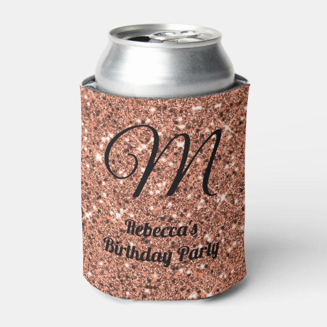 Elegant Rose Gold Glitter Monogram Party Black  Can Cooler (Can Front)