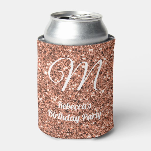 Elegant Rose Gold Glitter Monogram Party Favour  Can Cooler (Can Front)