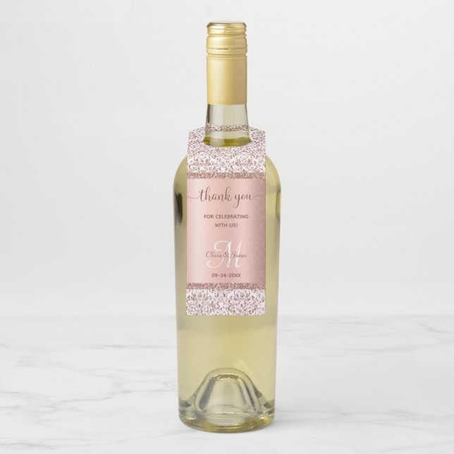 Elegant Rose Gold Glitter Monogram Wedding Bottle Tag (On Bottle)