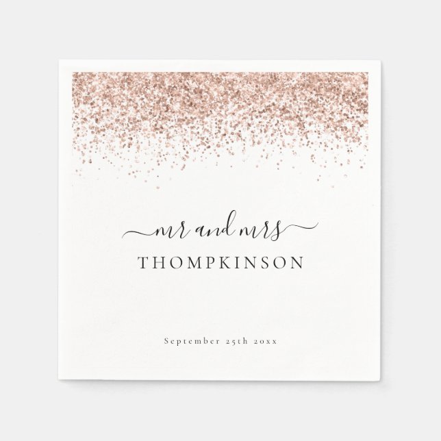 Elegant Rose Gold Glitter Mr Mrs Name Date Wedding Napkin (Front)