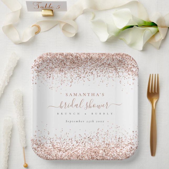 Elegant Rose Gold Glitter Name Date Bridal Shower Paper Plate (Wedding)