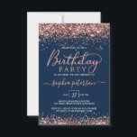 Elegant Rose Gold Glitter Navy Any Age Birthday Invitation<br><div class="desc">Modern Stylish Blush Pink Rose Gold Sparkle Glitter Navy Blue Birthday Invitation. This elegant any age feminine girly adult birthday invitation template featuring a trendy hand lettered swash tail font calligraphy with blush pink rose gold glitter borders on dusty Navy Blue background. Perfect for any age (16th, 18th, 21st, 30th,...</div>