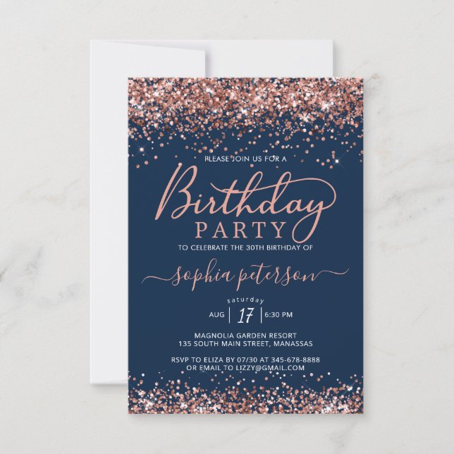 Elegant Rose Gold Glitter Navy Any Age Birthday Invitation (Front)