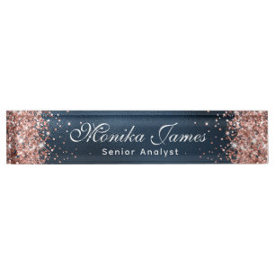 Elegant Rose Gold Glitter Navy Blue Foil Nameplate