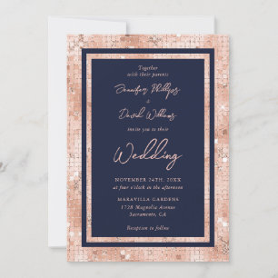 Elegant Rose Gold Glitter Navy Blue Wedding Invitation