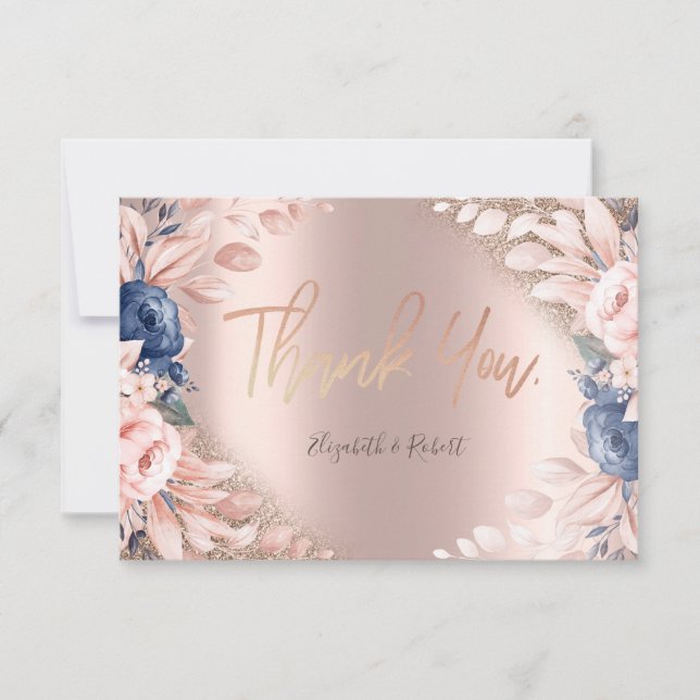 Elegant Rose Gold Glitter Ombre Blue Flower Thank You Card (Front)