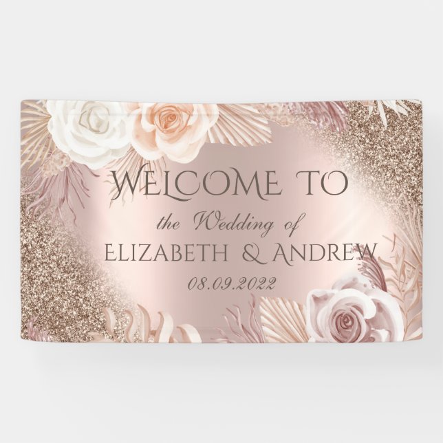 Elegant Rose Gold Glitter Ombre Boho Flowers Banner (Horizontal)