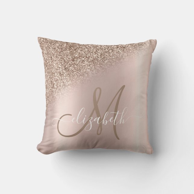 Elegant Rose Gold Glitter Ombre Monogram Cushion (Front)