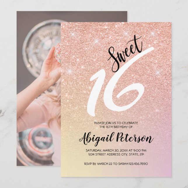 Elegant rose gold glitter ombre sweet sixteen invitation (Front/Back)