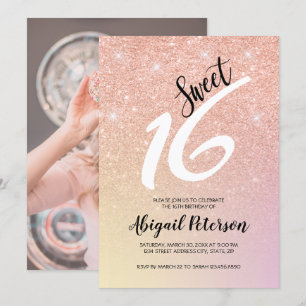 Elegant rose gold glitter ombre sweet sixteen invitation