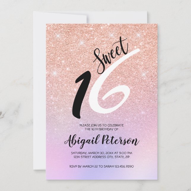 Elegant rose gold glitter ombre sweet sixteen invitation (Front)