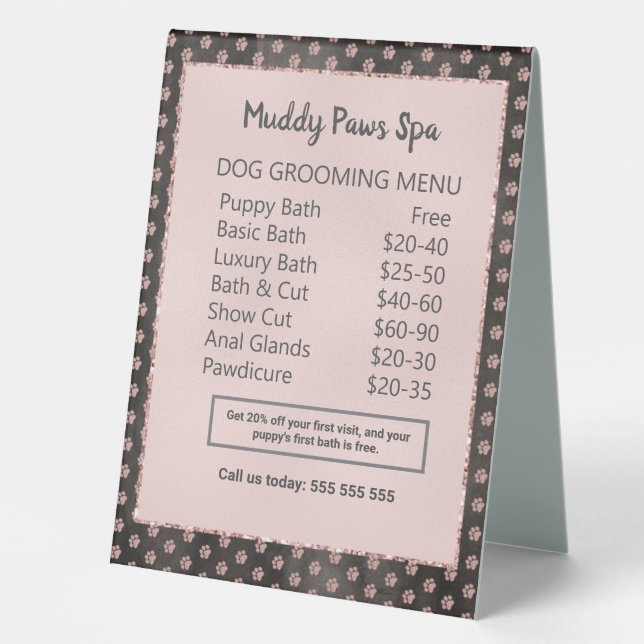 Elegant Rose Gold Glitter Paws Dog Grooming Menu (Front)