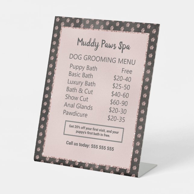 Elegant Rose Gold Glitter Paws Dog Grooming Menu Pedestal Sign (Front)
