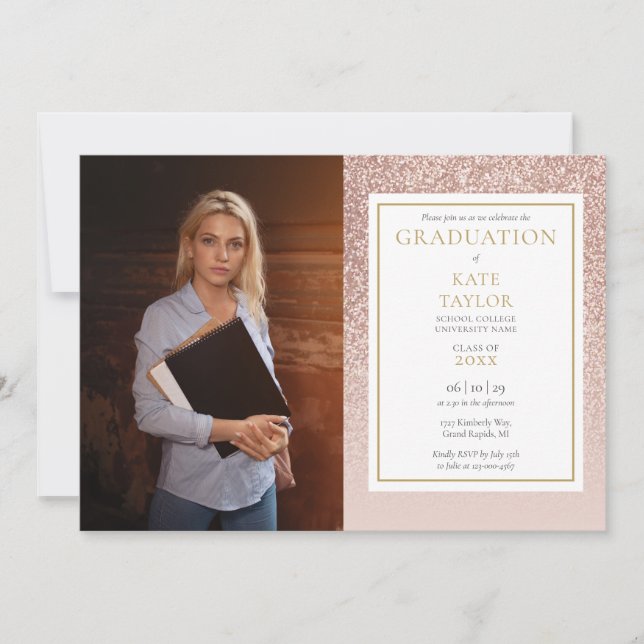 Elegant Rose Gold Glitter Photo Graduation Invitation (Front)