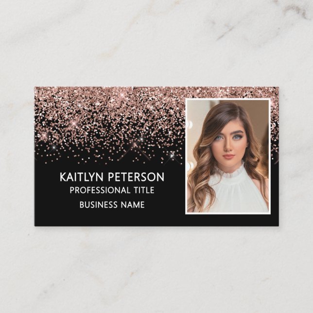 Elegant Rose Gold Glitter Photo QR Code Black Business Card (Front)
