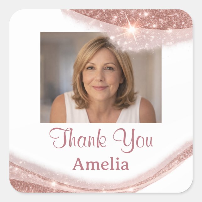 Elegant Rose Gold Glitter Photo Thank You Birthday Square Sticker (Front)