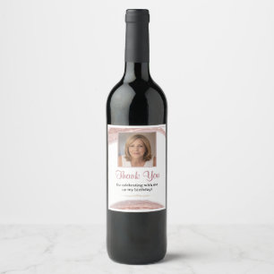 Elegant Rose Gold Glitter Photo Thank You Birthday Wine Label