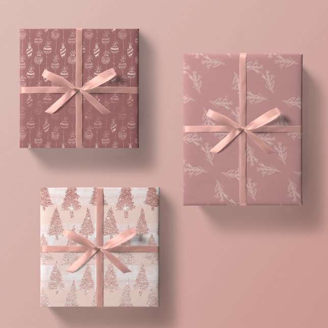 Elegant Rose Gold Glitter Pink Christmas Trio Gift Wrapping Paper Sheet (Creator Uploaded)