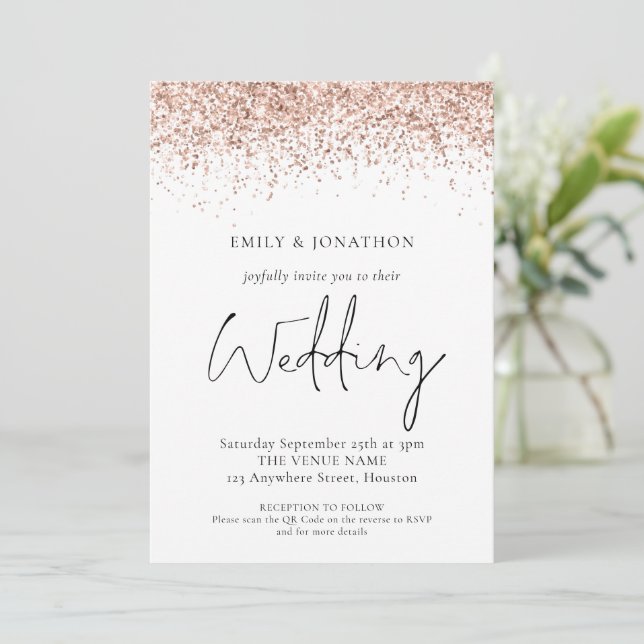 Elegant Rose Gold Glitter QR Code Wedding Invitation (Standing Front)