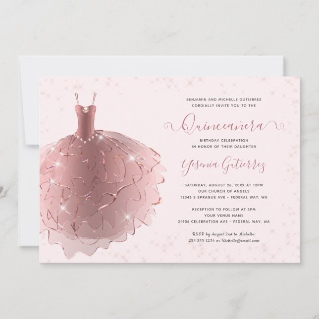 Elegant Rose Gold Glitter Quinceañera Dress Invitation (Front)