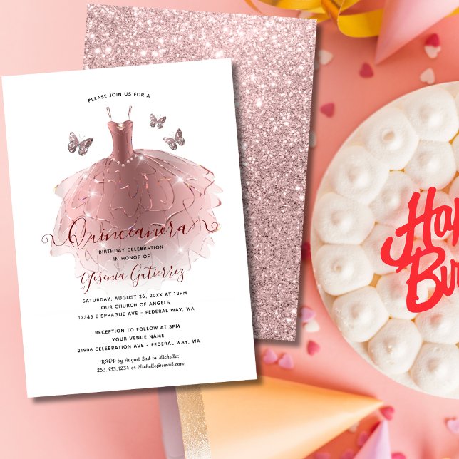 Elegant Rose Gold Glitter Quinceañera Dress Invitation (Elegant Rose Gold Glitter Quinceañera Dress Invitation
)