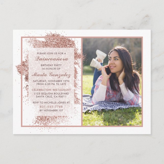 Elegant Rose Gold Glitter Quinceañera Party Photo Invitation Postcard (Front)