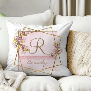 Elegant Rose Gold Glitter Rose Monogram Cushion