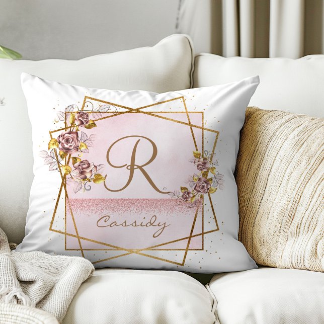 Elegant Rose Gold Glitter Rose Monogram  Cushion (Creator Uploaded)
