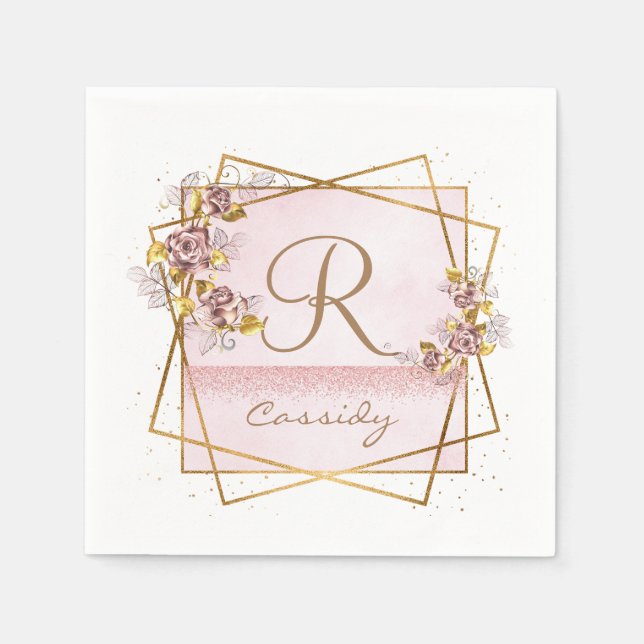 Elegant Rose Gold Glitter Rose Monogram  Napkin (Front)
