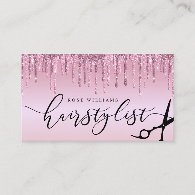 Elegant rose gold glitter scissors hairstylist squ business card (Front)