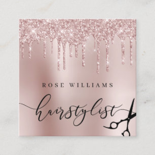 Elegant rose gold glitter scissors hairstylist square business card