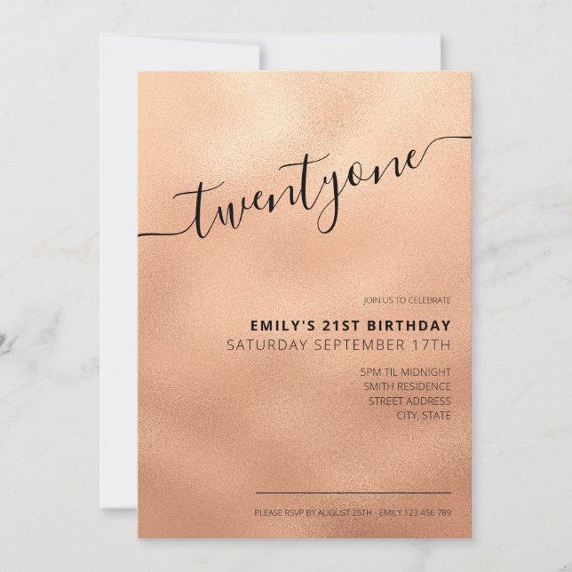 Elegant Rose Gold Glitter Script 21st Birthday Invitation (Front)
