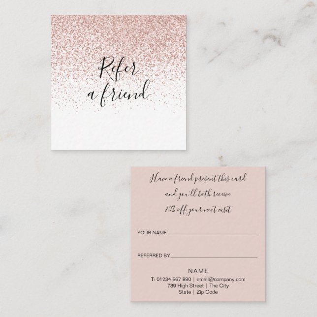 Elegant Rose Gold Glitter Script Customer Referral Card (Front/Back)