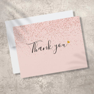 Elegant Rose Gold Glitter Script Gold Heart Thank You Card