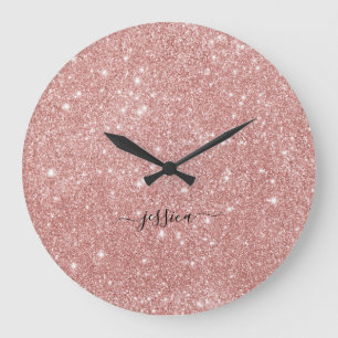 Elegant rose gold glitter script name   large clock